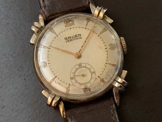 GRUEN Watch, Knotted Lugs, 10K Rolled Gold, Vintage Mens Veri Thin, 2 Tone Sub Seconds, 416 15J Swiss, Gruen Guildite, Genuine Calf Band GRUEN Watch, Knotted Lugs, 10K Rolled Gold, Vintage Mens Veri Thin, 2 Tone Sub Seconds, 416 15J Swiss, Gruen Guildite, Genuine Calf Band
