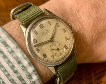 PITTFIELD ENICAR Mens  Calibre AS 1130 Military Vintage Swiss Watch on Nato Strap c1940's W W 2, 15 Jewels Sub Second Hand