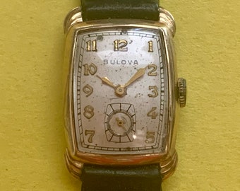 Handsome BULOVA SENATOR Mens Rectangular 10K Rolled Gold Art Deco Curved Scallop Lugs Watch from 1943, Championship Watch V Click Item