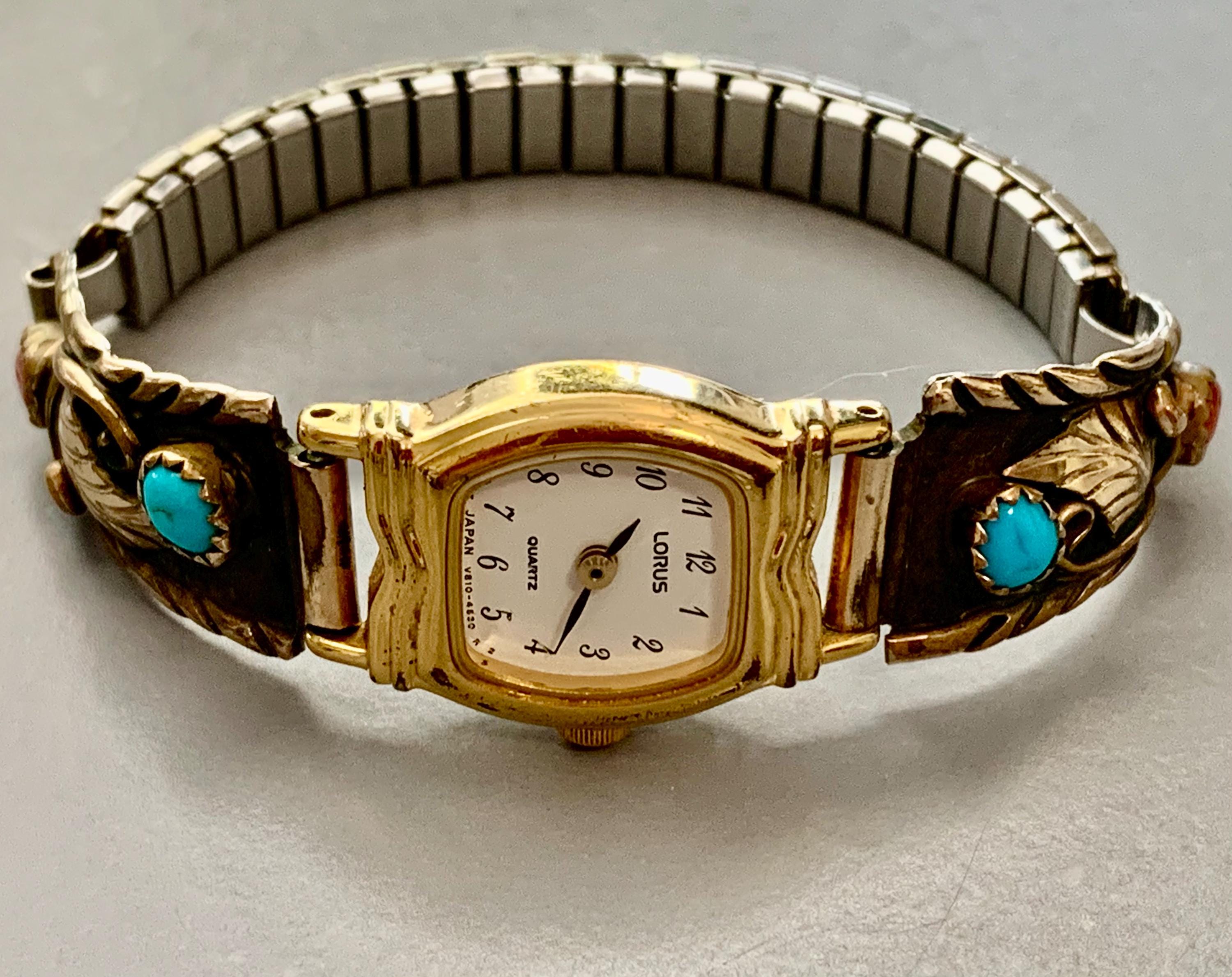 Womens Native American Turquoise Coral Watch Tips 12K Gold  display picture 2