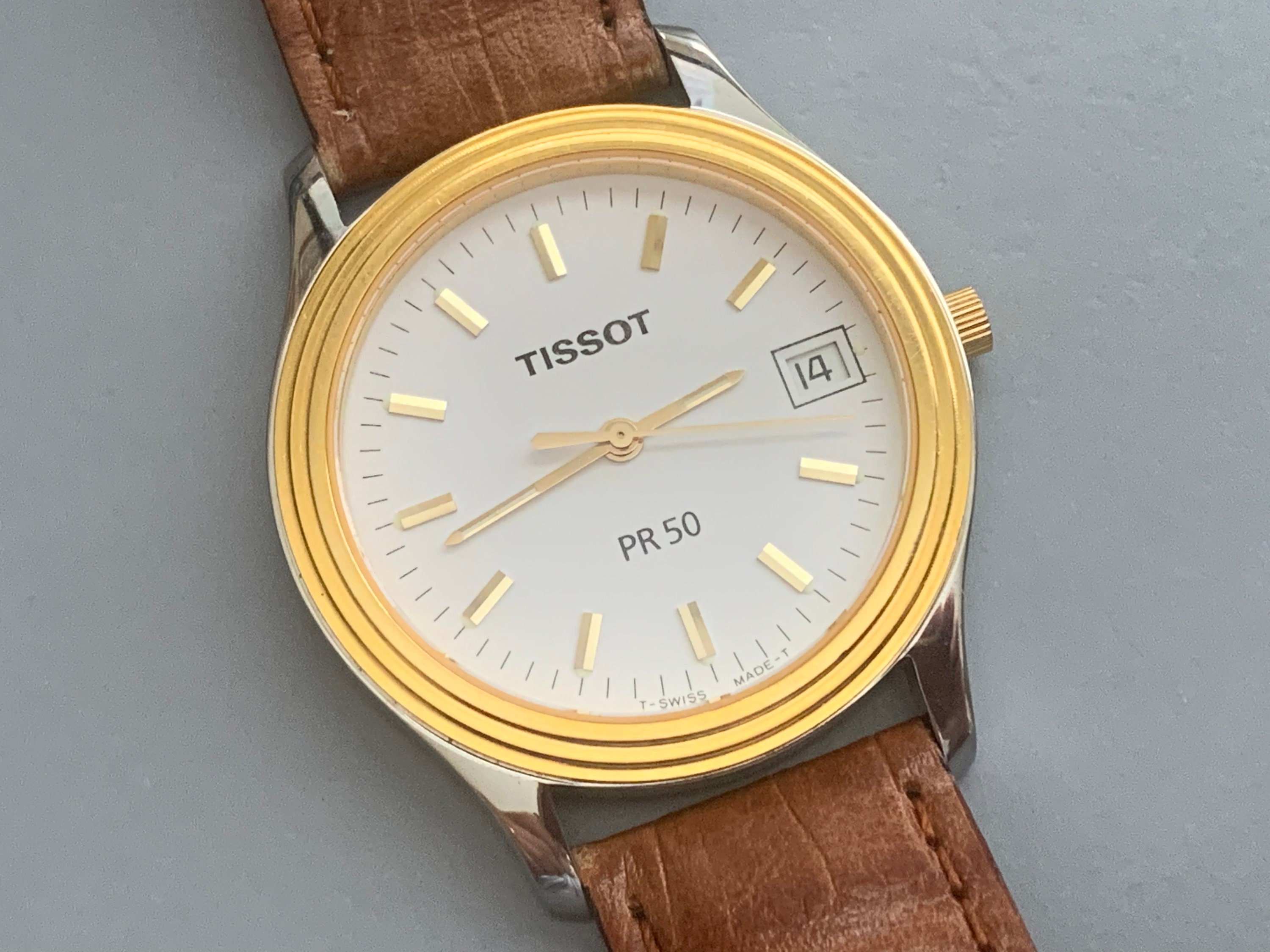Handsome TISSOT MENS SWISS Watch 18 K Gold Plate Two Tone Date Window White Dial Golden Hands Ships Free Click Item Details to Read More Etsy Canada