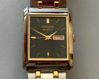 MENS CITIZEN Rectangular Watch 2-tone Black Dial Original Band | Click & Read Item Details
