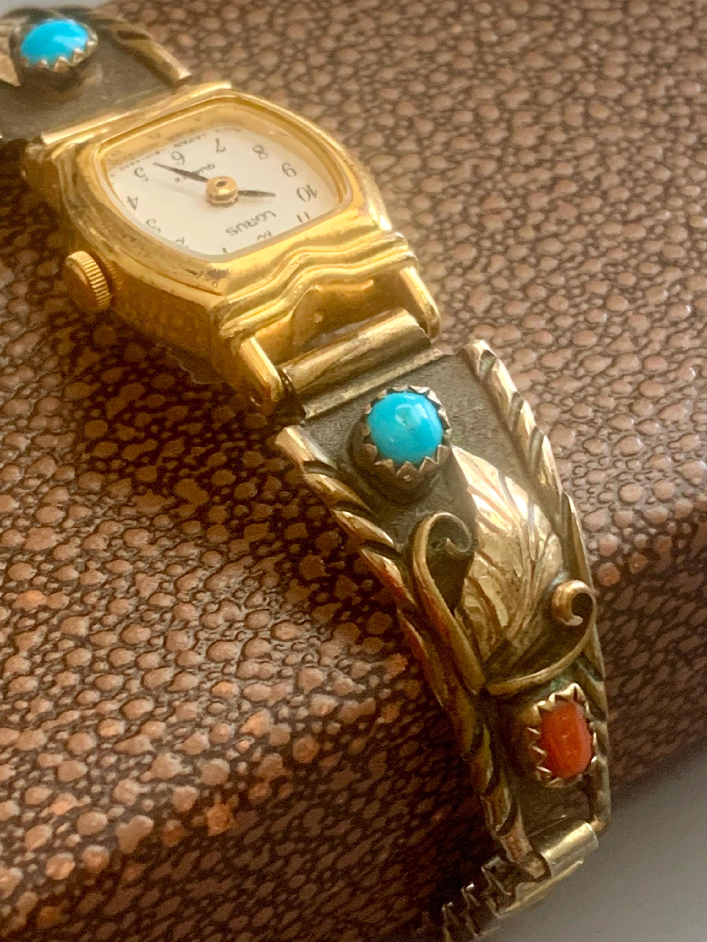 Womens Native American Turquoise Coral Watch Tips 12K Gold 
