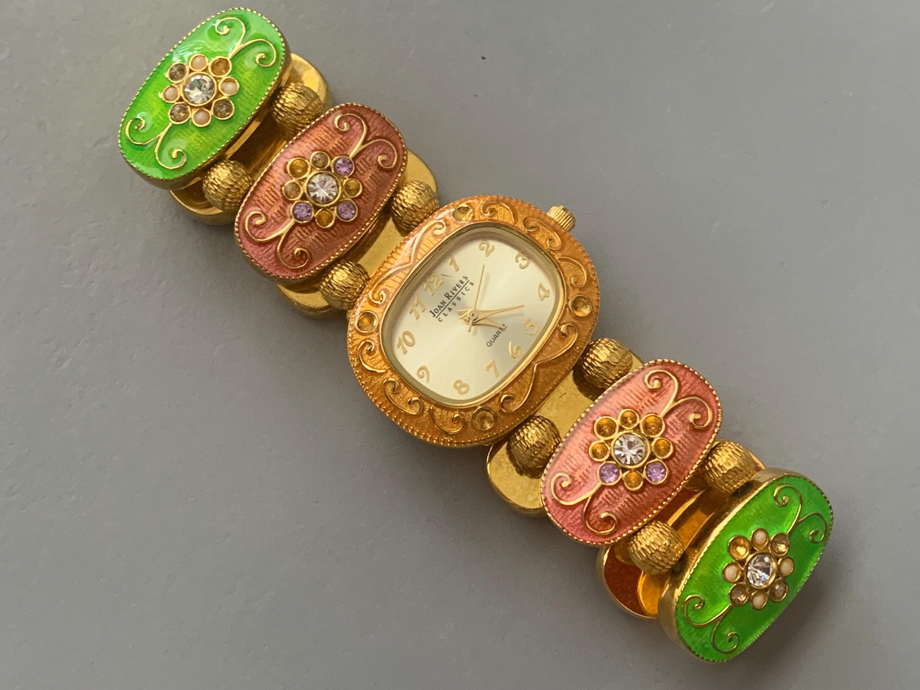 Vtg Joan Rivers Gold-Tone Watch Translucent Lucite Floral Cuff Pink Dial Joan Rivers Ladies Gold Tone w/ Lucite Cuff Bracelet w  main image 4
