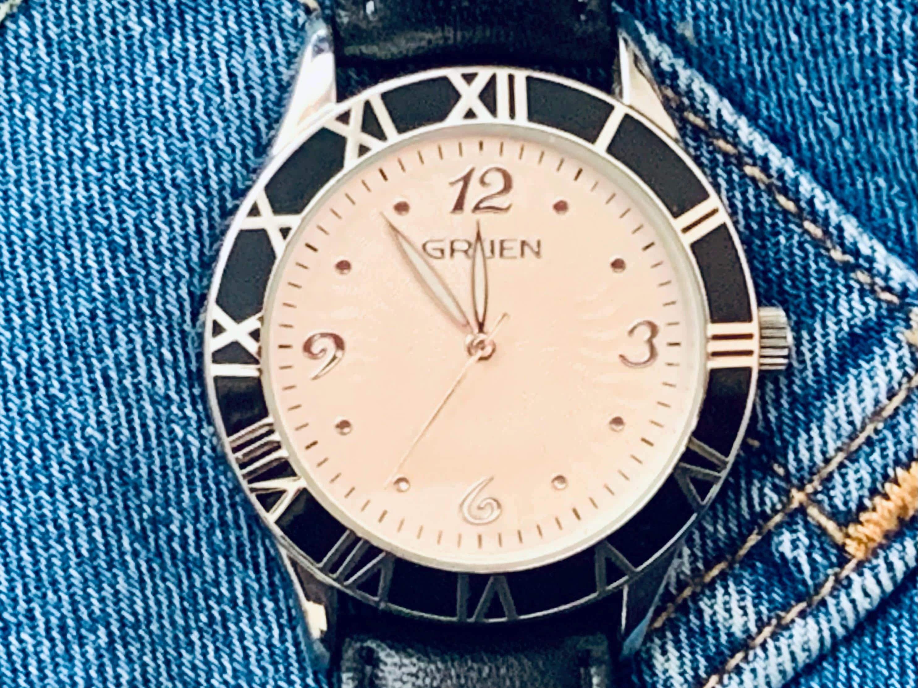 MENS ART DECO Gruen Watch: Black Bezel, Roman Numerals, View Full