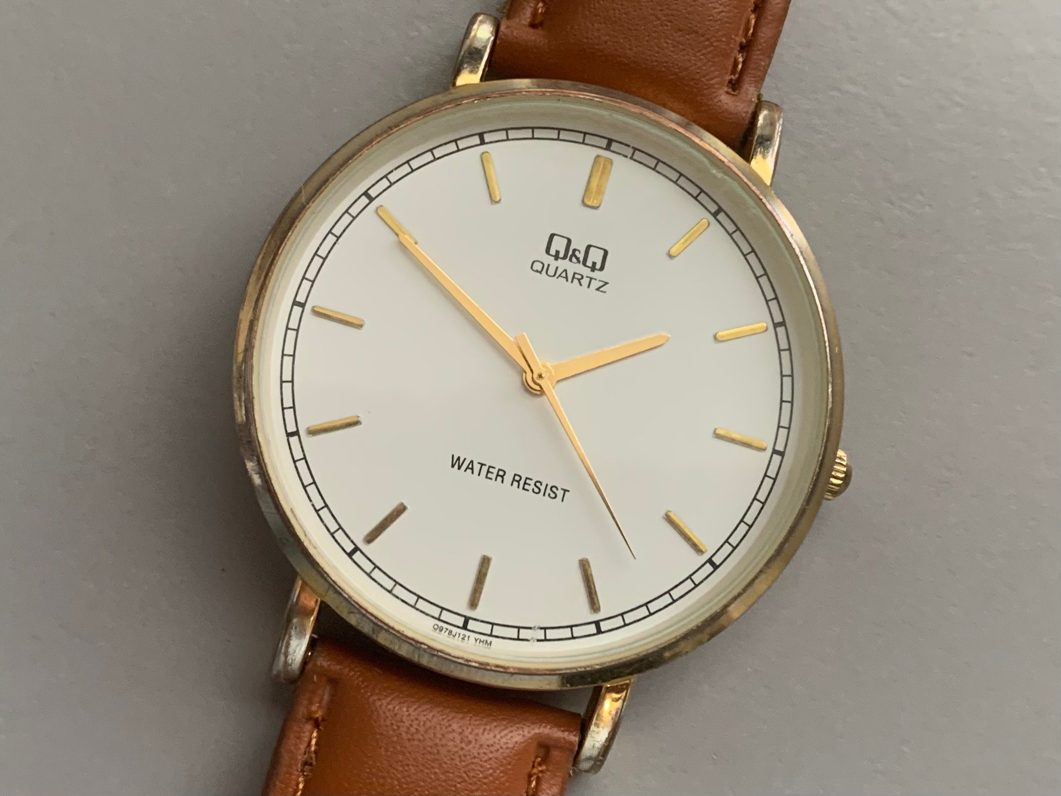 Vintage Citizen Q&Q Mariner Watch: Gold Bezel, White Dial, Leather