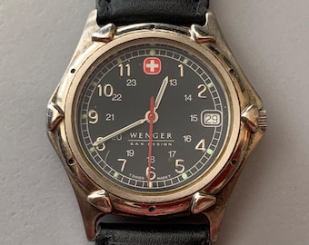 Mens SWISS ARMY Watch Wenger SAK Design Black Dial Red Cross Logo Quartz Watch