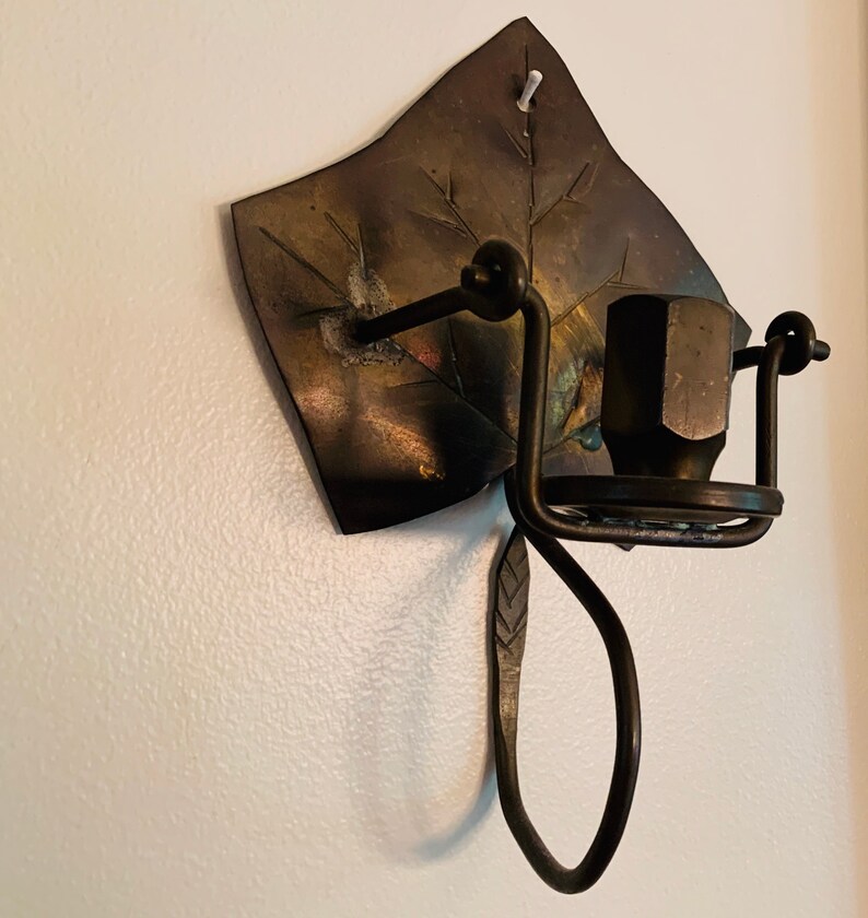 Candle Holders Classic ARTS and CRAFTS ERA Hand Wrought Bronze Swing Hand Made Ivy Leaf Hinged Sconces Pair One of a Kind