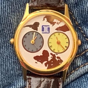 Mens Dual Time Vintage QUARTZ Watch Golden Bezel New Old Stock | View Full Item Details