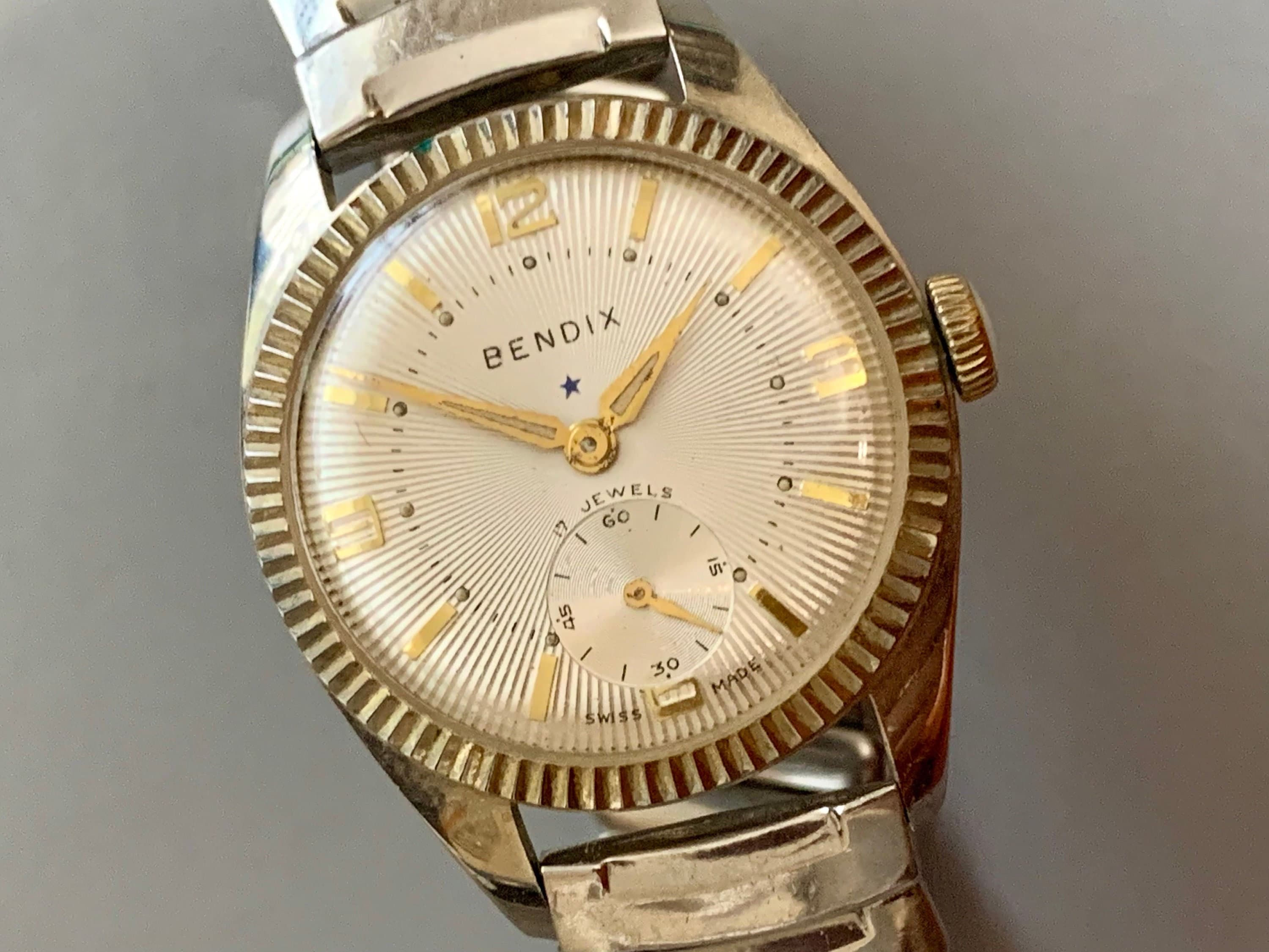 Mens Swiss Rodania Bendix Watch Sunburst Dial Fluted Bezel | Click