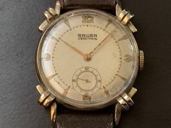 GRUEN Watch, Knotted Lugs, 10K Rolled Gold, Vintage Mens Veri Thin, 2 Tone Sub Seconds, 416 15J Swiss, Gruen Guildite, Genuine Calf Band GRUEN Watch, Knotted Lugs, 10K Rolled Gold, Vintage Mens Veri Thin, 2 Tone Sub Seconds, 416 15J Swiss, Gruen Guildite, Genuine Calf Band