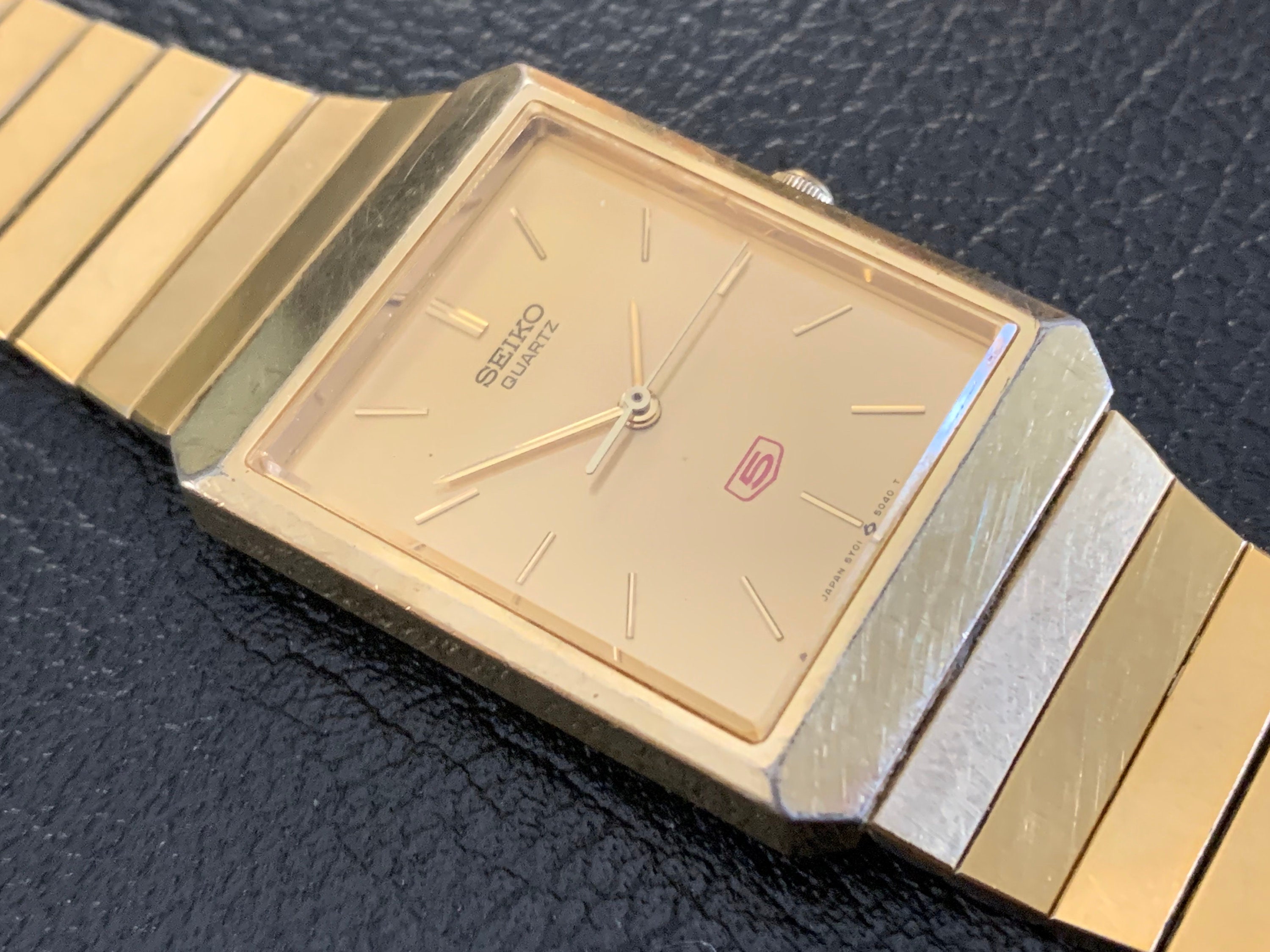 Rare SEIKO 5 Quartz !!! Men's Watch, Rectangular, Gold Plated