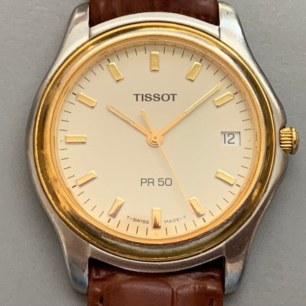 Stunning TISSOT PR 50 Swiss White Dial Vintage Mens Watch, Stainless Steel Watch, Sweep Second Hand, Date Window, See Item Details!