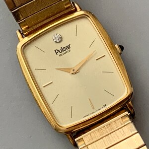 Pure Perfection PULSAR Mens Vintage Gold Plated Rectangular Watch, Quartz Ultra Slim Watch, Golden Dial, See Item Details image 5