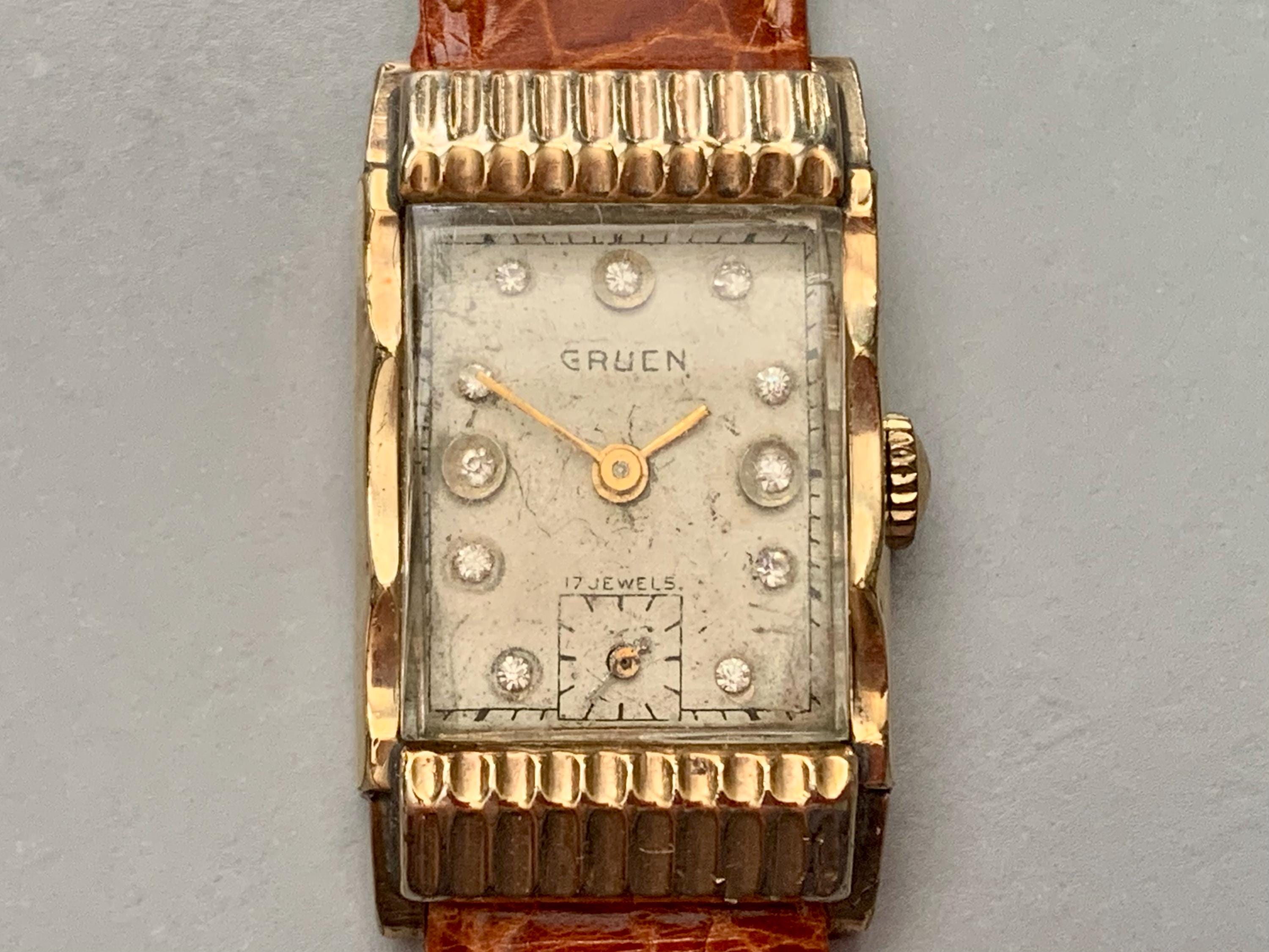 MENS GRUEN SWISS Diamond Dial Watch 10K Gold Filled Art Deco