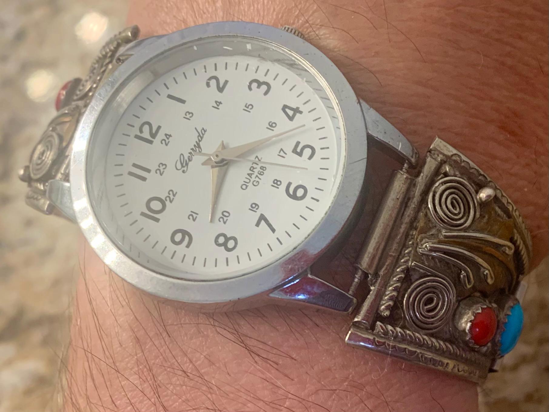 Vintage Timex Women\'s Silver-Tone Watch with Native American Sterling Accents Timex Sterling Silver W/ Native American Turquoise and Coral  main image 3