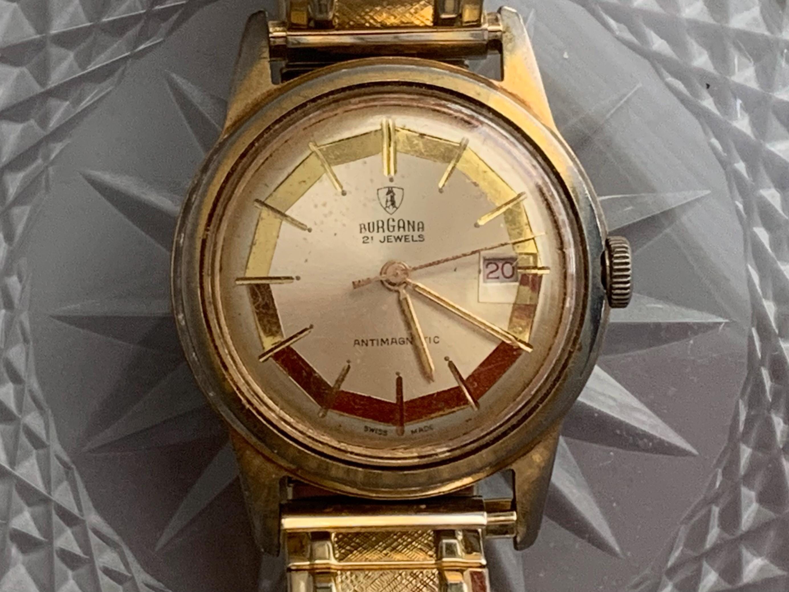 MENS BURGANA SWISS Vintage Watch 21 Jewels, Date Gold Plated