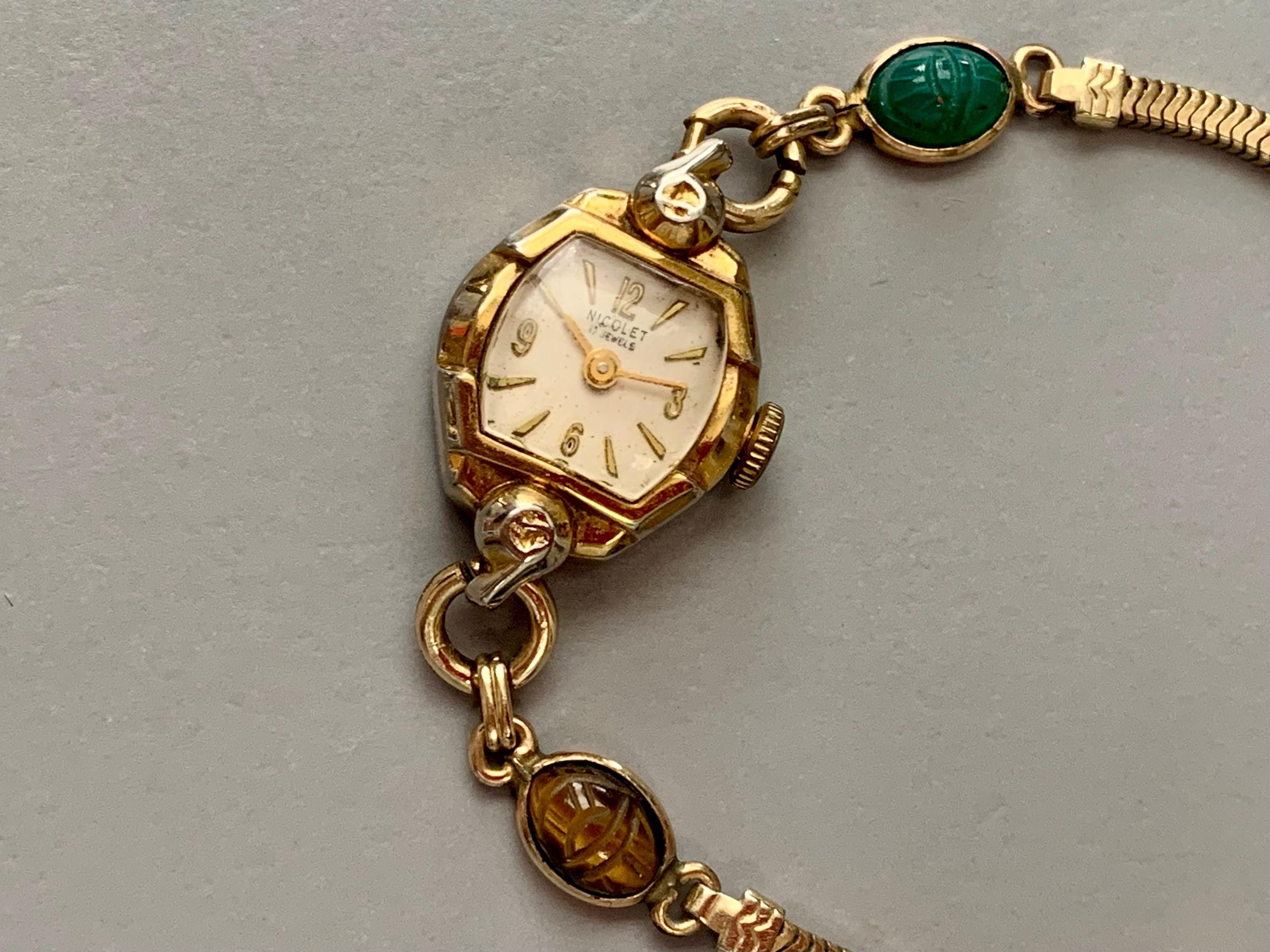 LADIES NICOLET 17 Jewels Swiss Watch Genuine Scarabs Bracelet Band