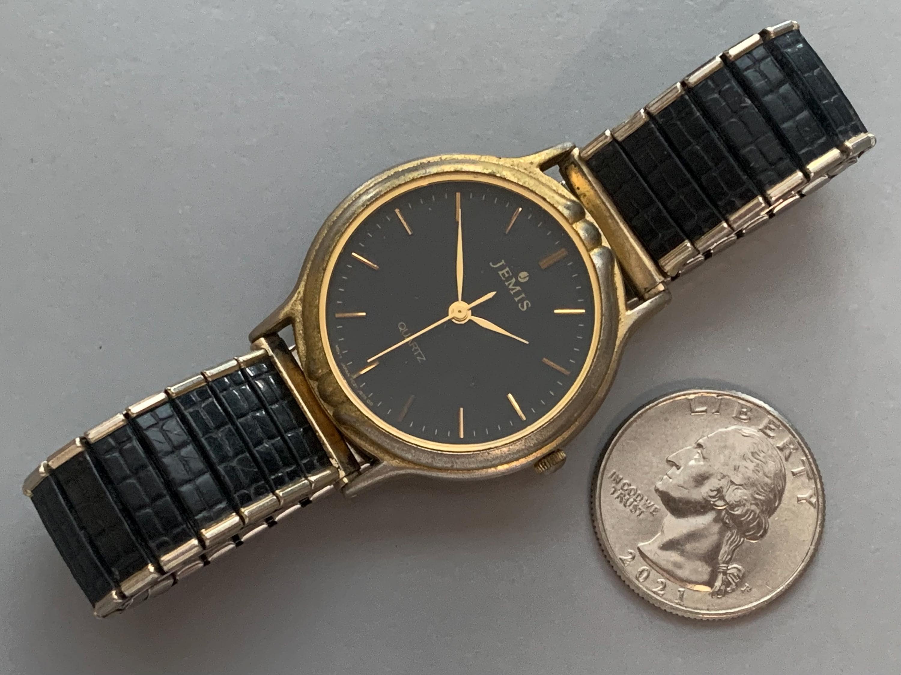 MENS JEMIS SEIKO Vintage Quartz Watch: Black Dial, Two-tone, Click