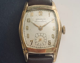 MENS SWISS BANNER Watch Art Deco Gold Filled Sub Seconds 17 Jewels Manual Wind Up Works Great Ready to Wear Ships Free! Click Item Details