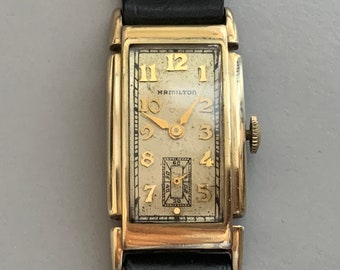 HAMILTON MENS Dickens Long Curved Case Watch 14K Gold Filled Sub Seconds Dial Art Deco V Click Item Details to Read Description