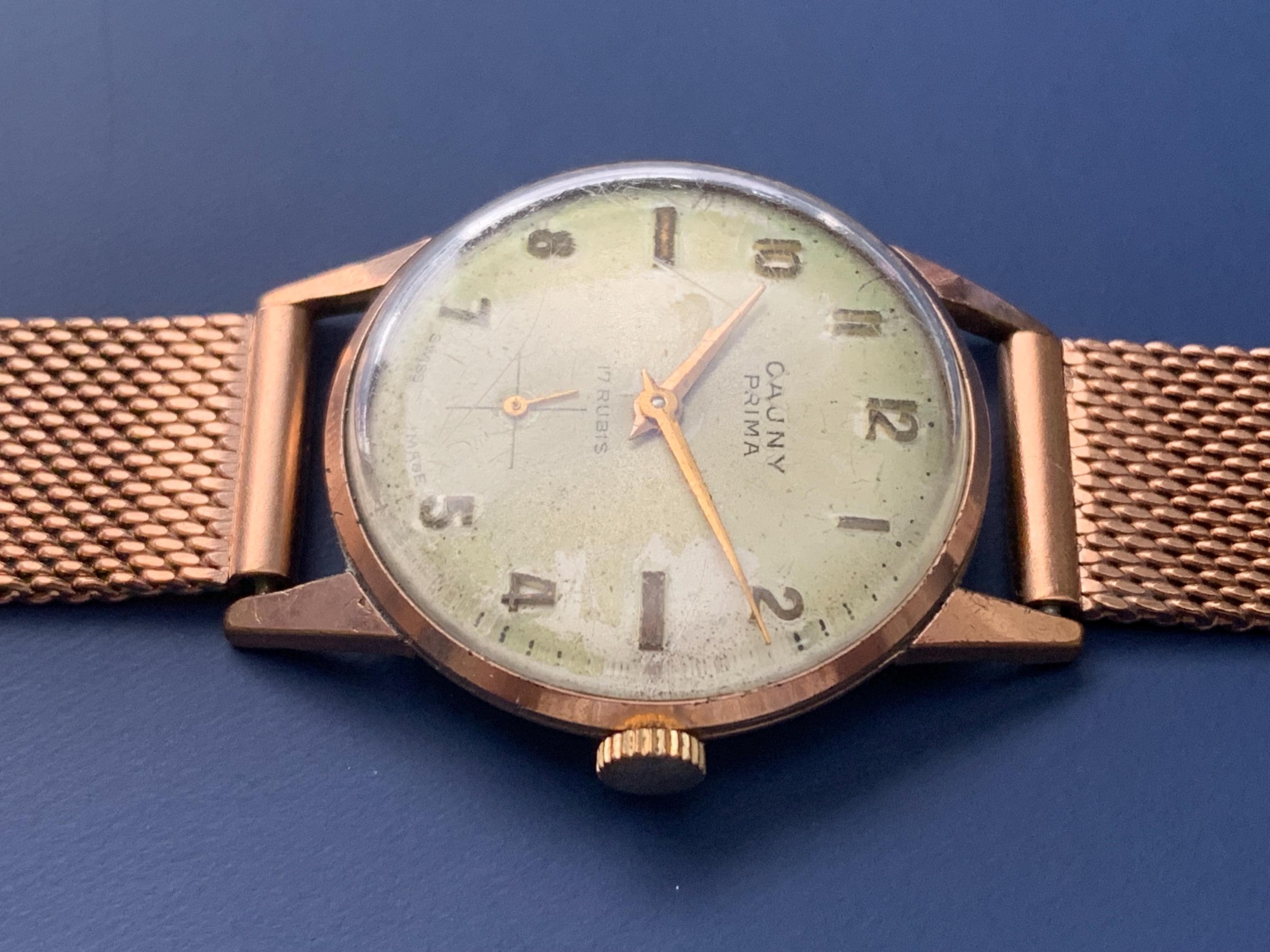 Mens Vintage Cauny Prima Swiss Watch: Rose Gold Plated, Sub 
