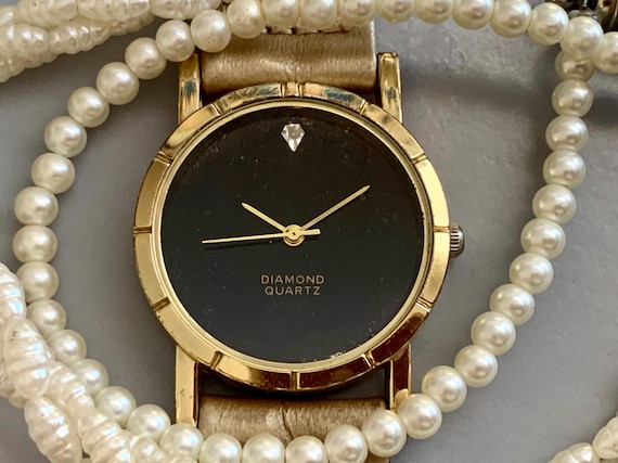 BLACK DIAL WOMENS Vintage Diamond Dial Watch Gold Plated  display picture 3