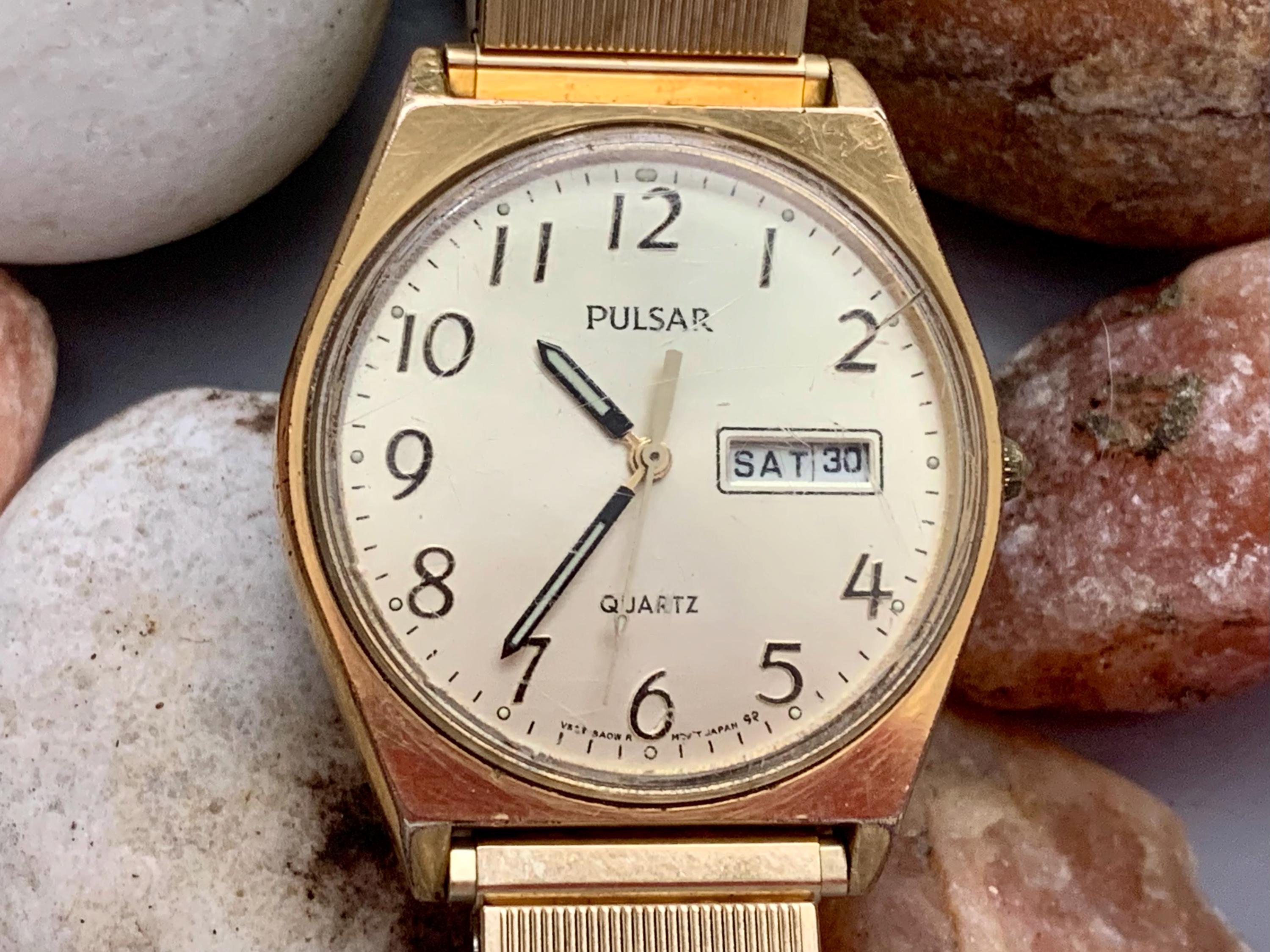 MENS PULSAR SEIKO Retro Watch: Gold Tone Day Date, Click & Read