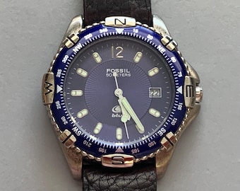 MENS FOSSIL WATCH Vintage Blue Dial Turning Bezel Black Leather, Click Read Item Details