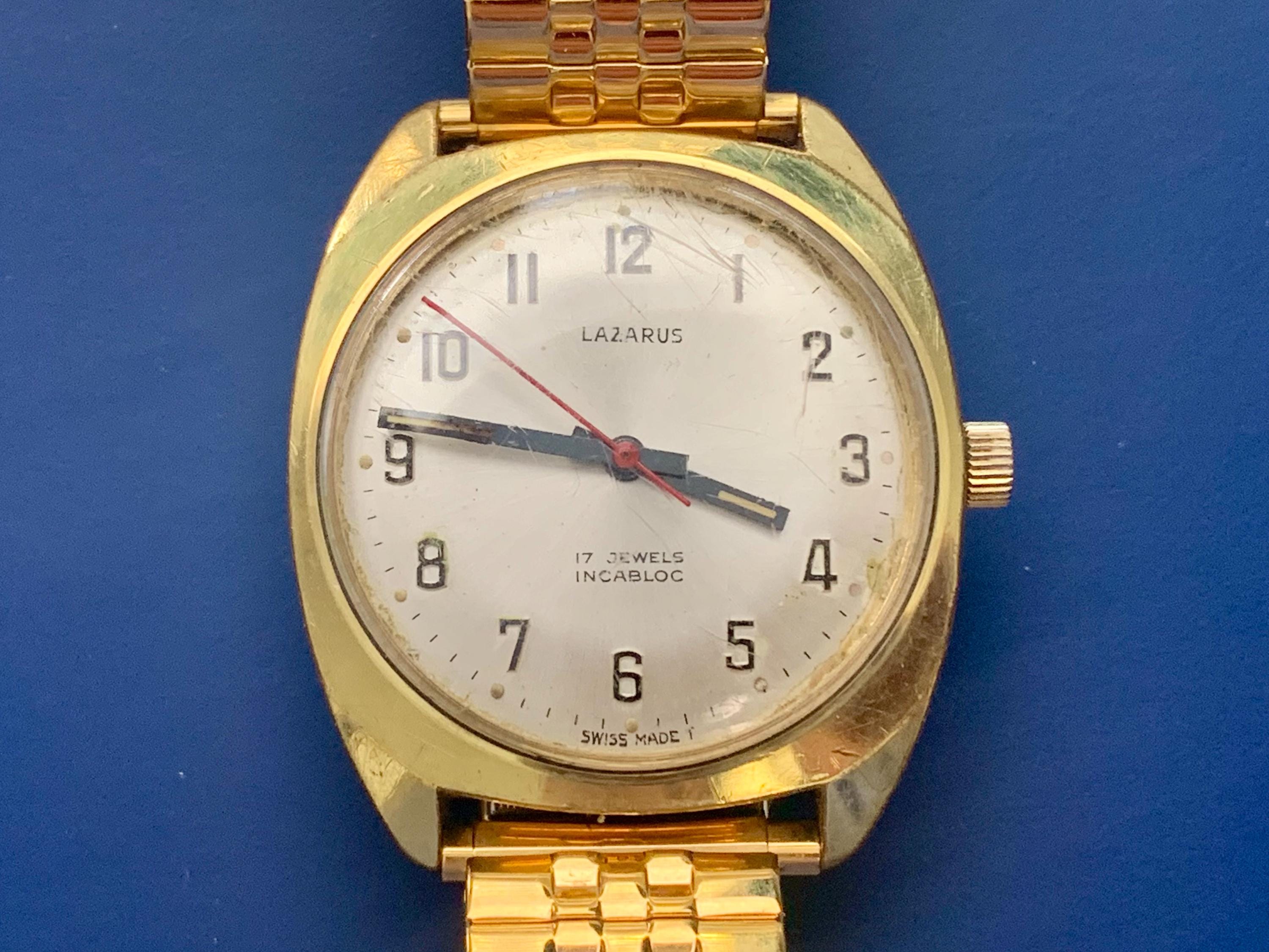 MENS SWISS LAZARUS Watch Gold Plate Bezel, Sweep Second Hand, 17