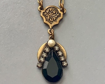 Vintage Top Shelf Jewelry Co. Pendant Necklace, Red Garnet Crystal Pearl Brass Tone