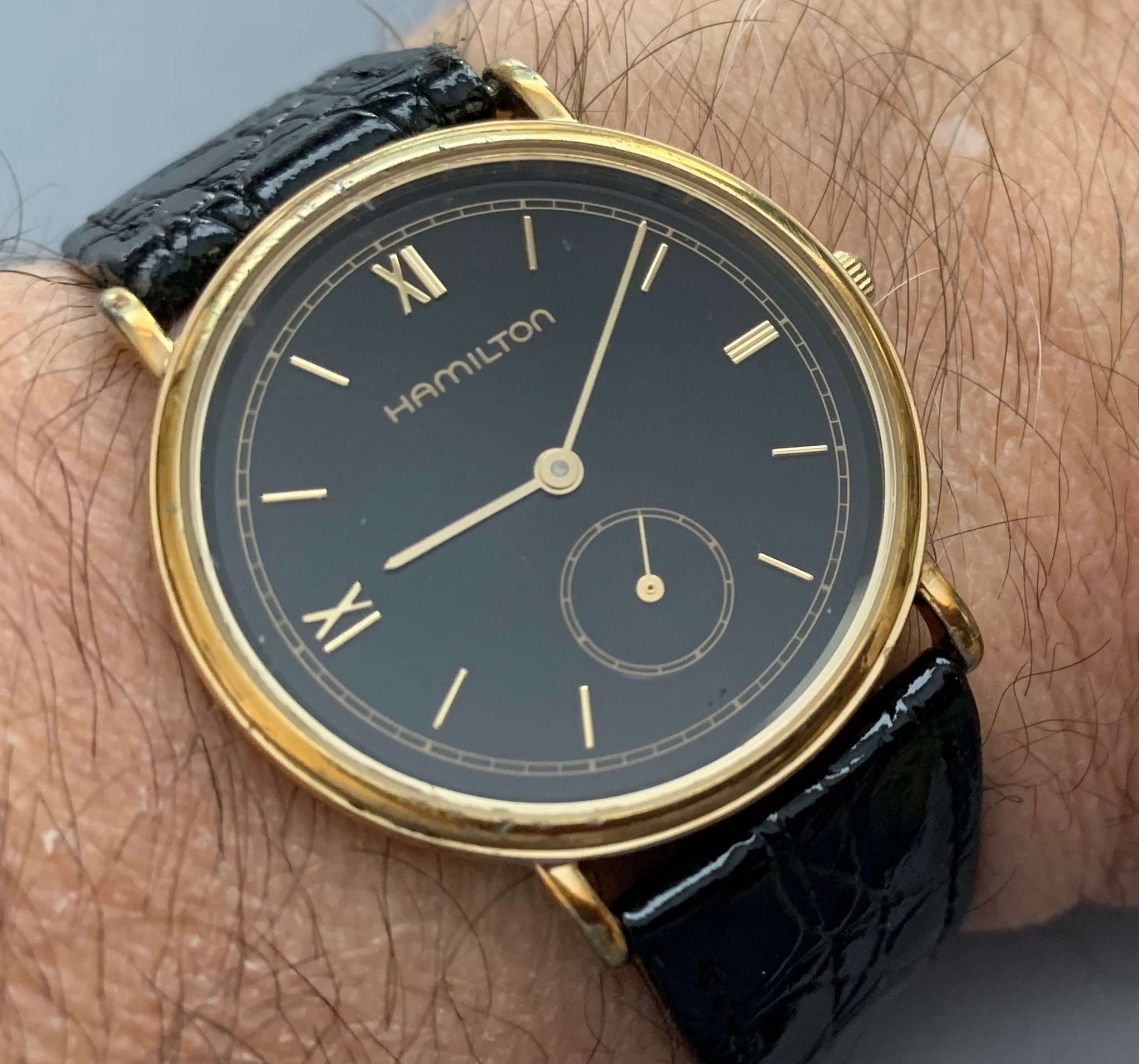 Elegant HAMILTON MENS Black Dial Registered Edition Watch, Sub Second Hand, 18K Gold Markers, Ships Free Click Item Details to Read More - Etsy Elegant HAMILTON MENS Black Dial Registered Edition Watch, Sub Second Hand, 18K Gold Markers, Ships Free Click Item Details to Read More - Etsy