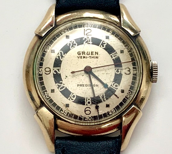 GRUEN VERI-THIN PRECISION 1940'S Cal.405 17Jewels 10金張り アンティーク ビンテージ ウォッチ スイス製 手巻き メンズ 腕時計 Gruen Pan American Mens Vintage Watch: 1940s WWII Pilot\u0027s 24-hour