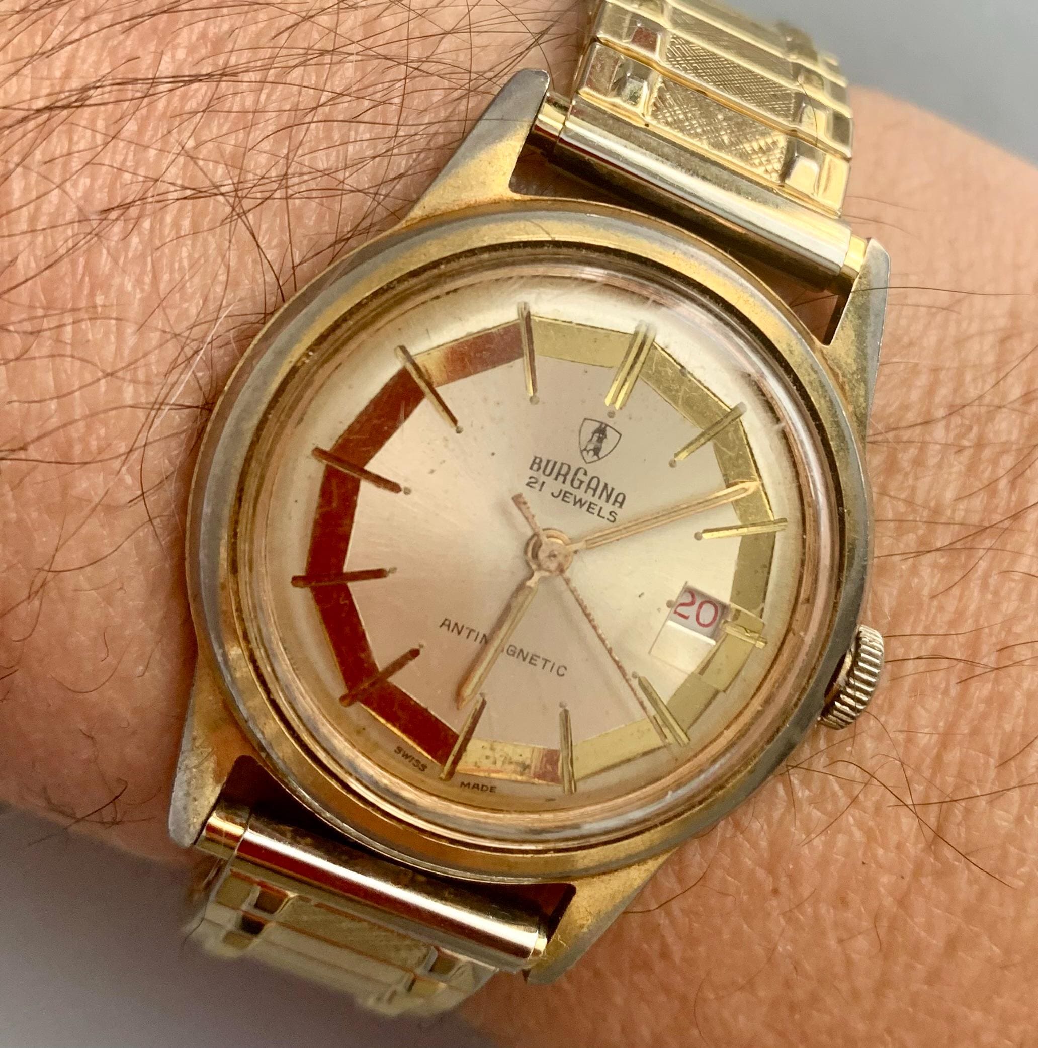 MENS BURGANA SWISS Vintage Watch 21 Jewels, Date Gold Plated