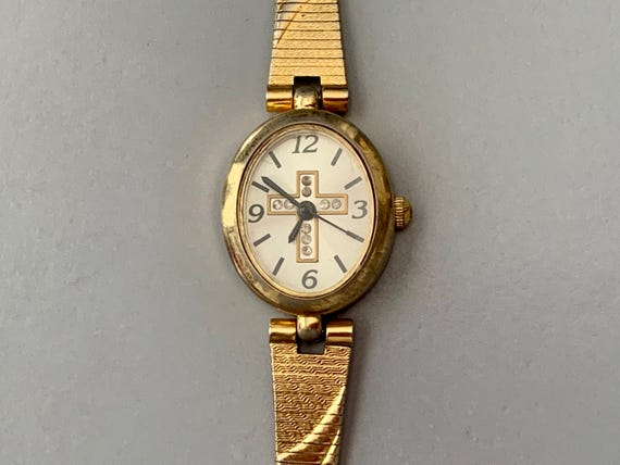 WOMENS AVON RHINESTONE Vintage Cross Watch Gold Tone  display picture 3