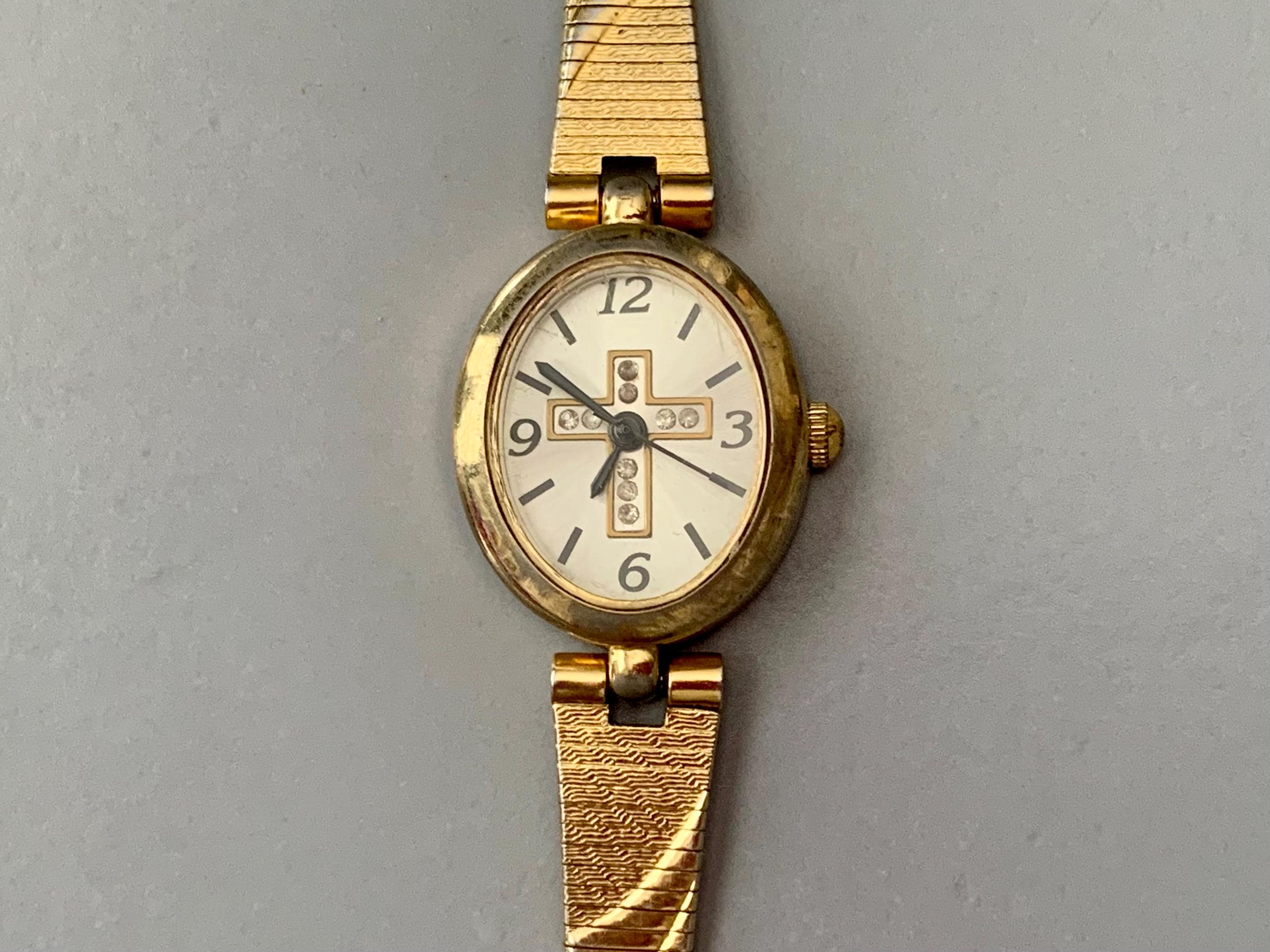 WOMENS AVON RHINESTONE Vintage Cross Watch Gold Tone 