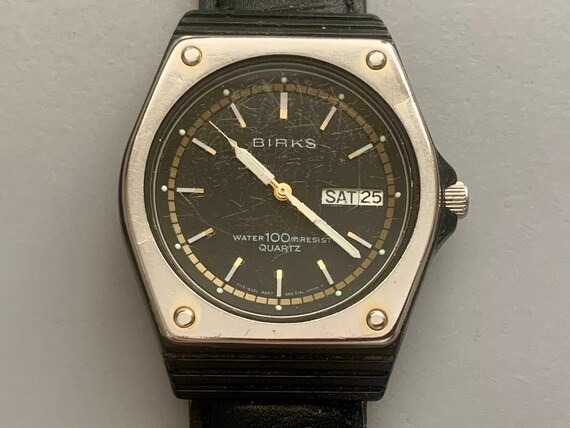 MENS BIRKS of CANADA Since 1878 Black Dial Cushion Case Watch Day Date Sweep Second Hand Quartz Ships Free Click Item Details to Read More Etsy