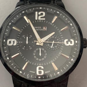 SWISS HUNTER Big Bold Black Dial Mens Vintage Watch, Black Case & Ceramic Band | Sweep Second Hand, Runs Well, Ships Free! See Item Details