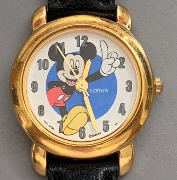 Vintage Disney Mickey Mouse Lorus Quartz Watch Black Braided Leather‎ Band Gold Disney Mickey Mouse Watch Lorus Men Women Gold Mickey Dial  main image 2