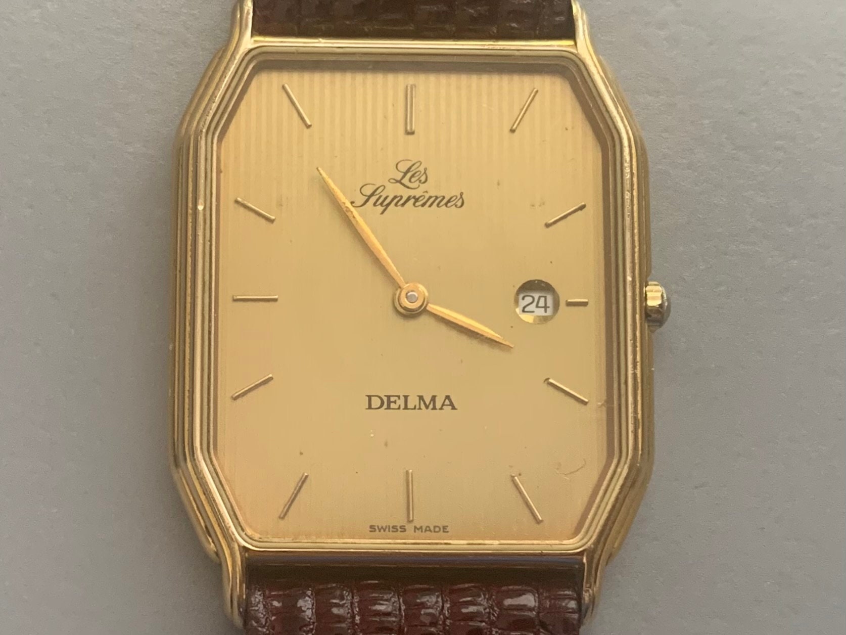 Ritzy MENS SWISS DELMA Les Supremes Ultra Slim Watch, 18K Gold Plate, Pinstriped Dial, Date, Ships Free Click Item Details to Read More - Etsy Ritzy MENS SWISS DELMA Les Supremes Ultra Slim Watch, 18K Gold Plate, Pinstriped Dial, Date, Ships Free Click Item Details to Read More - Etsy