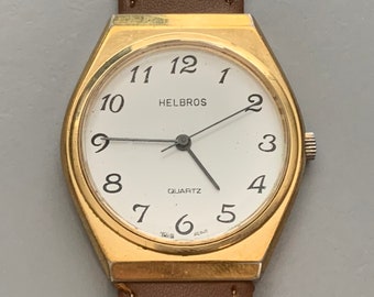 Deluxe HELBROS Mens Vintage Watch, Gold Plate Watch, White Dial Watch, Black Numbers Watch, Sweep Second Hand V See "Item Details"