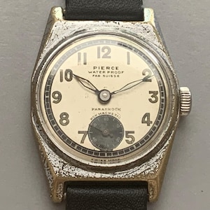 Mens Vintage Pierce Parashock Military Watch: Swiss WWII 17 Jewels