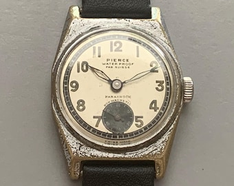 MENS WWII PIERCE Parashock Military Watch Swiss 17 Jewels | Click & Read Item Details