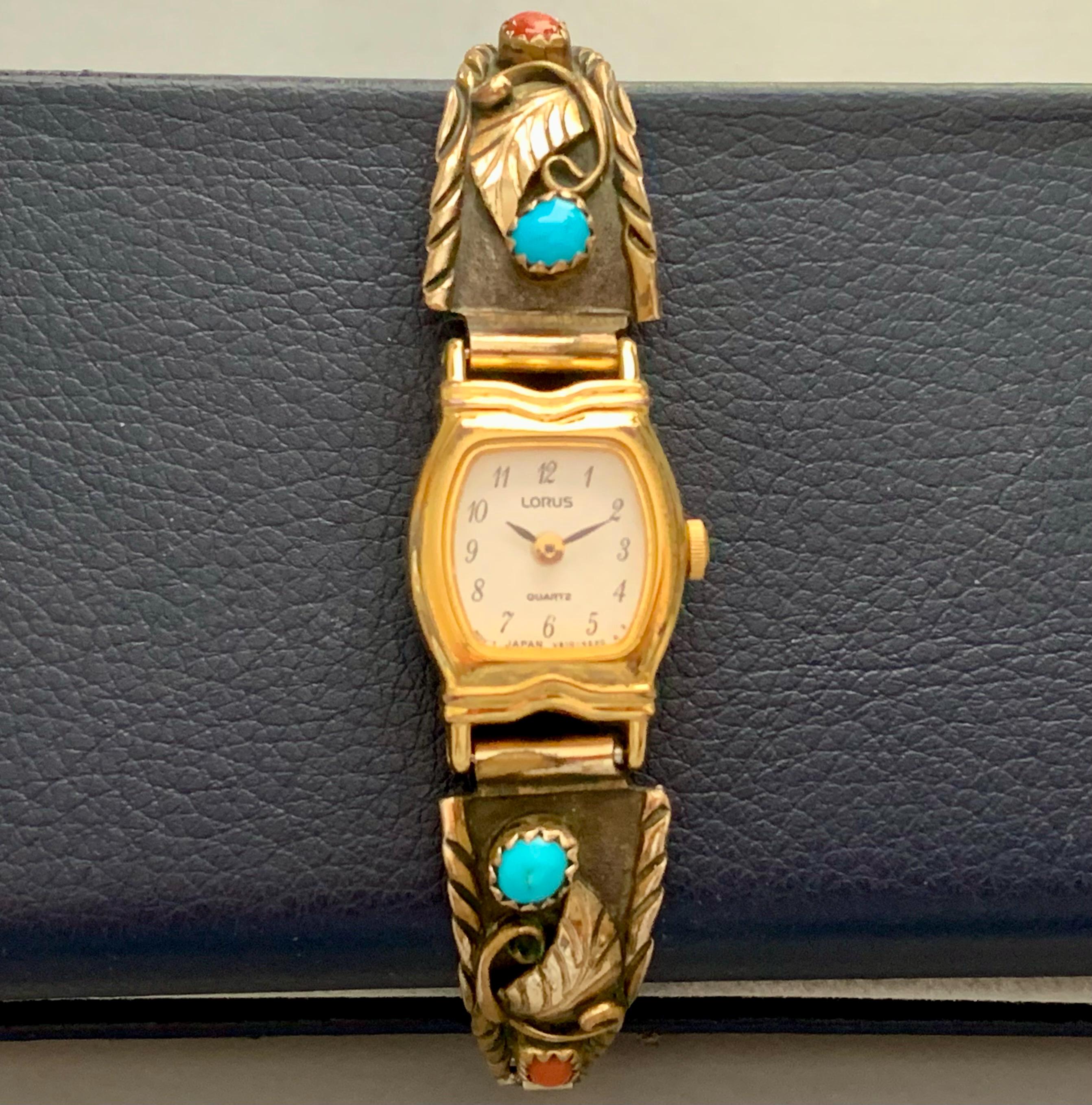 Womens Native American Turquoise Coral Watch Tips 12K Gold  display picture 1