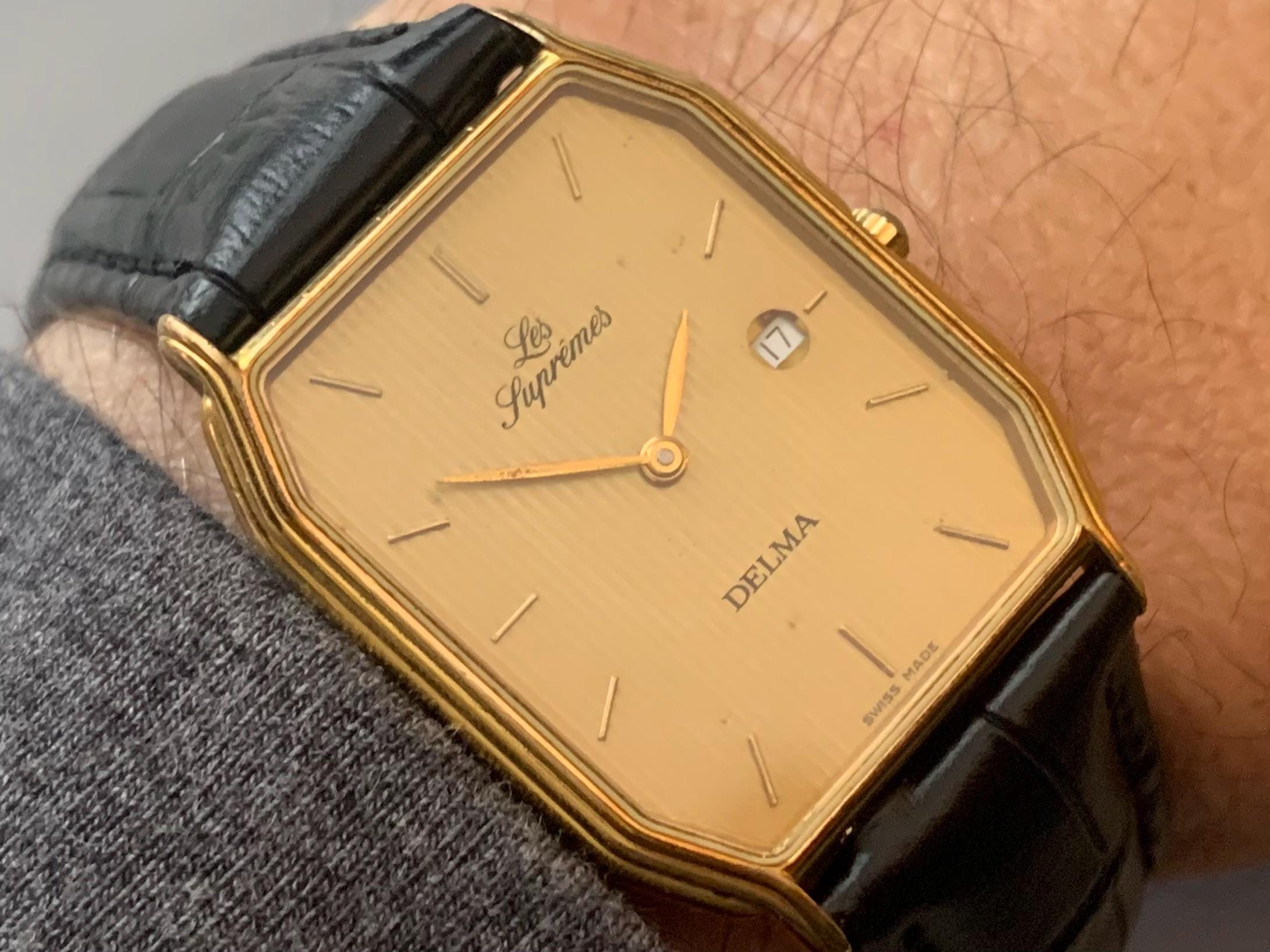 Mens Delma Les Supremes Watch: 18K Gold Plate Swiss Click & Read