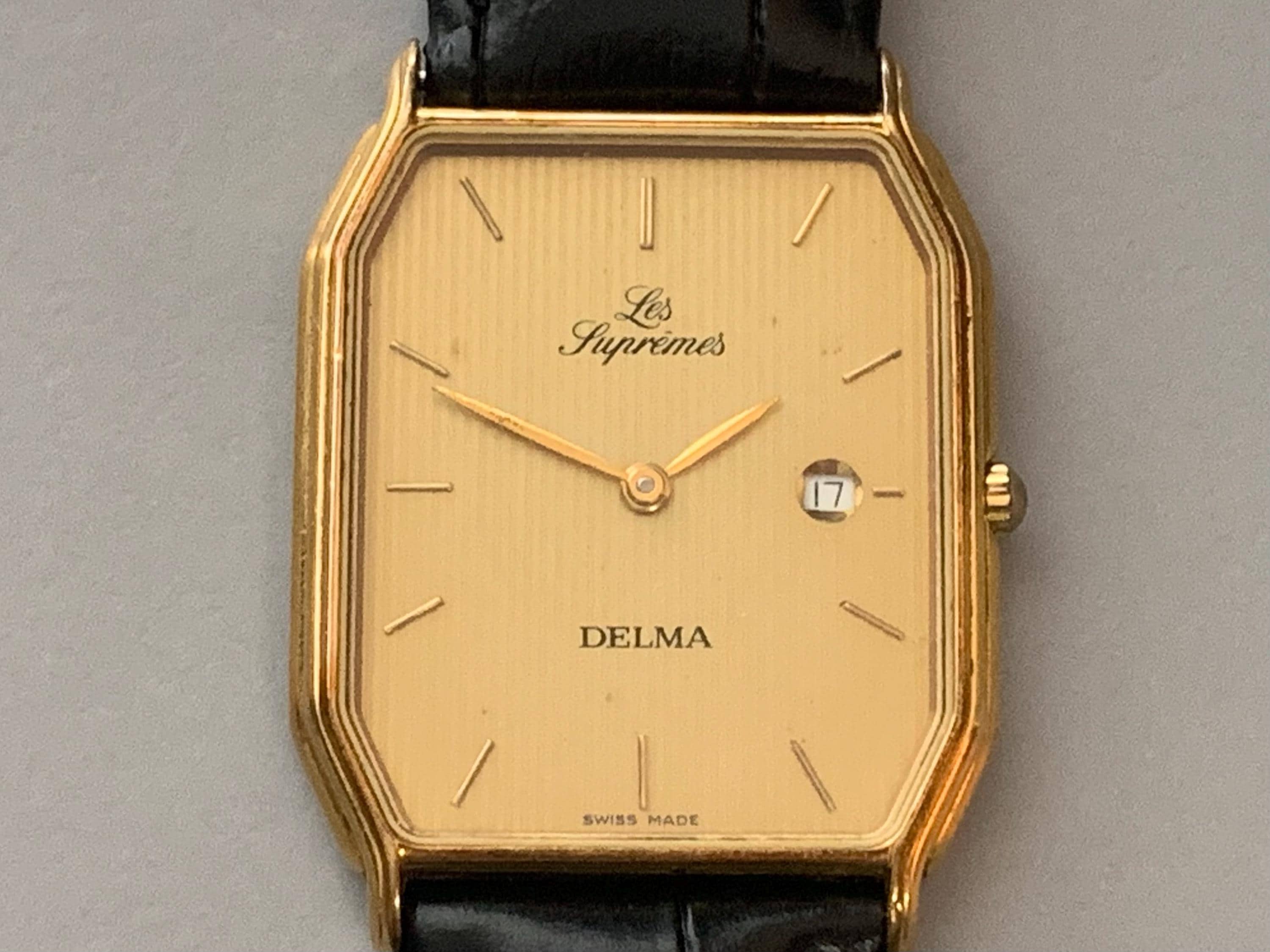 Mens Delma Les Supremes Watch: 18K Gold Plate Swiss Click & Read