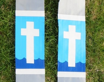 Duct Tape Clergy Stole - silver with white cross on sea and sky background-GREAT FOR CAMP