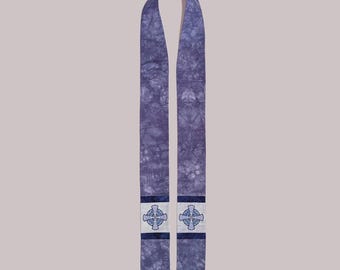 Purple clergy stole with hand-dyed fabric and machine embroidered Celtic crosses - for Lent/Advent