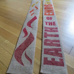 To the ends of the earth reclaimed coffee sack clergy stole for Pentecost and ordination made to order image 2