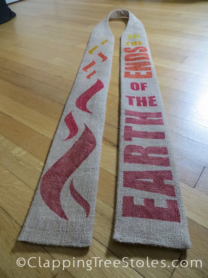 To the ends of the earth reclaimed coffee sack clergy stole for Pentecost and ordination made to order image 2